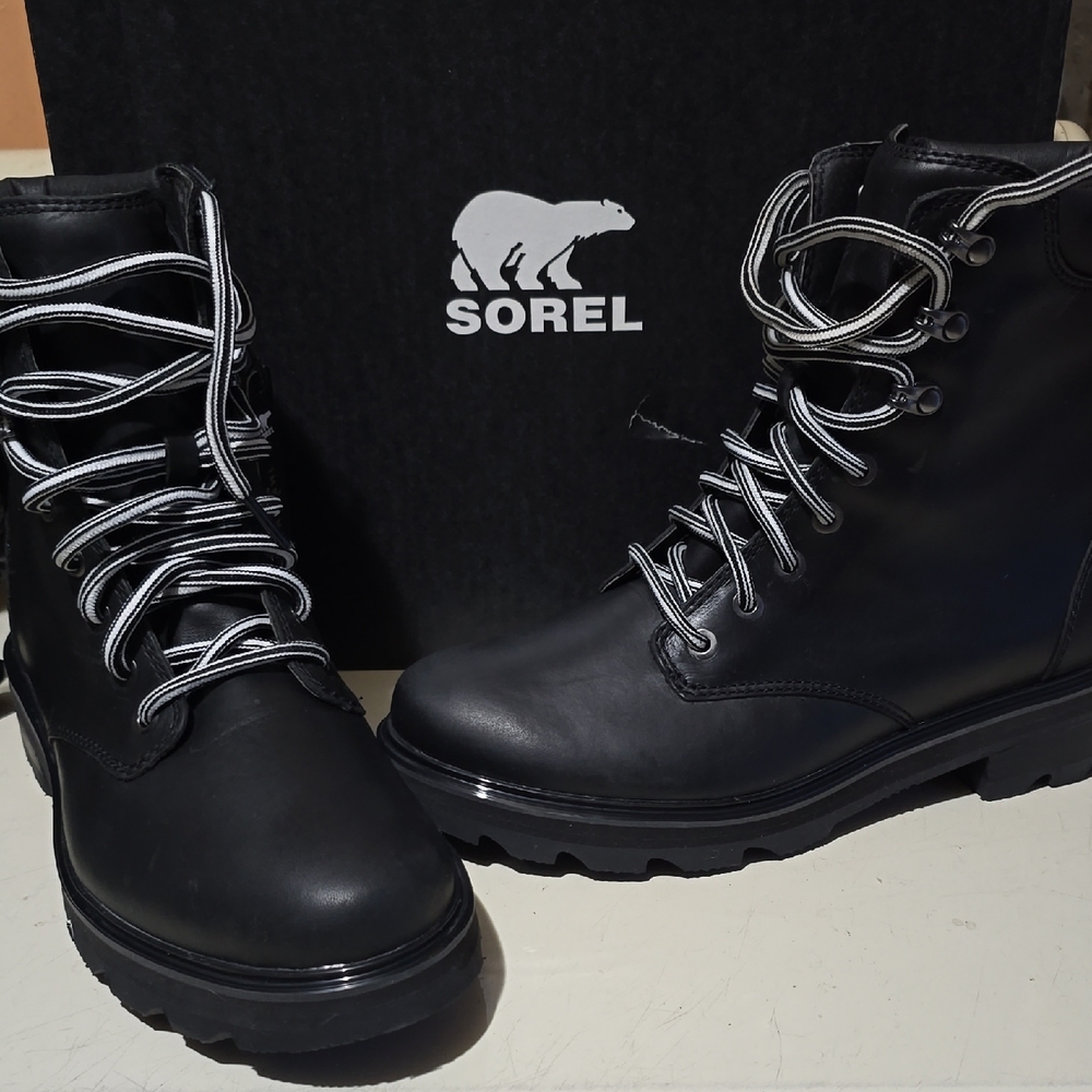 Sorel~Lennox Lace-Up Boots~      Size 10 Womens~ Color Black , Sea Salt ☆NIB♡